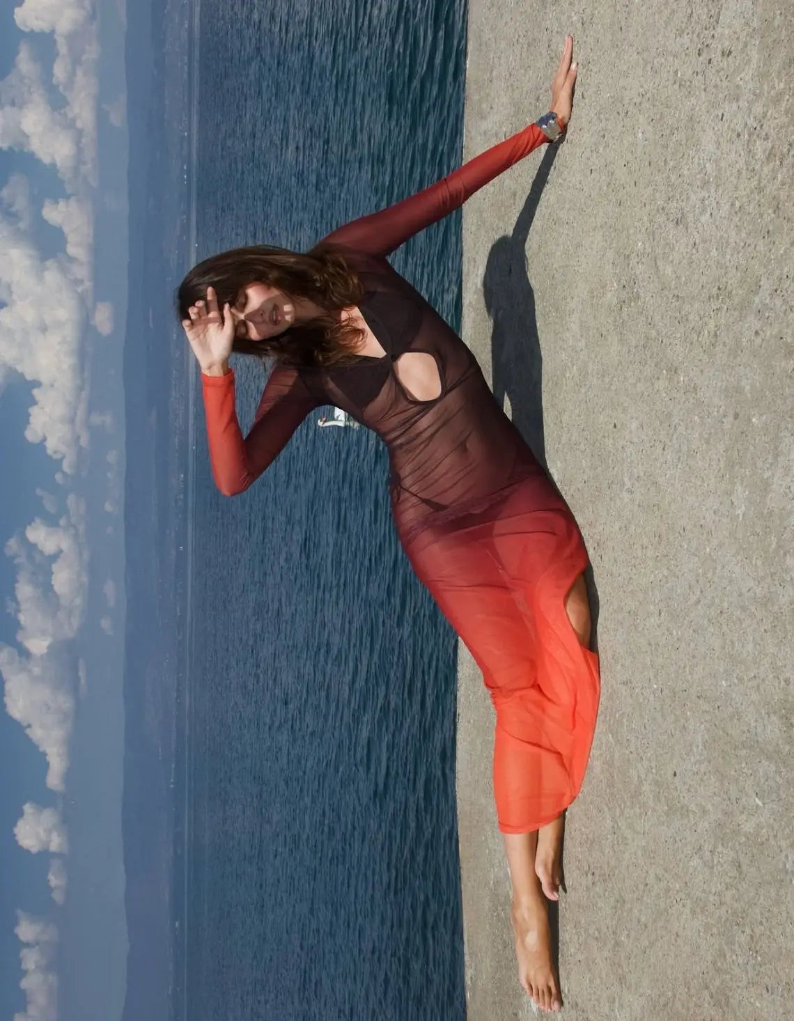 VEITCHE Fashion Women Vacation Style Beach Long Dress Contrast Color Gradient Perspective Hollow Slit 2025 Summer Maxi Dresses