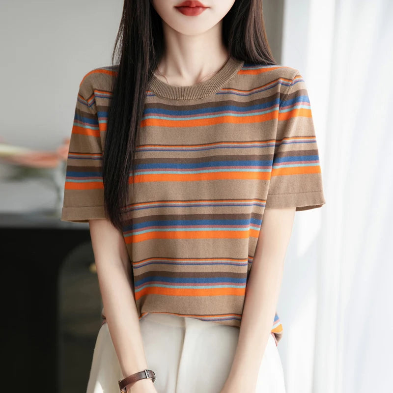 Women's summer new 100% pure cotton knitted short sleeved casual striped T-shirt loose round neck top fashionable pullover