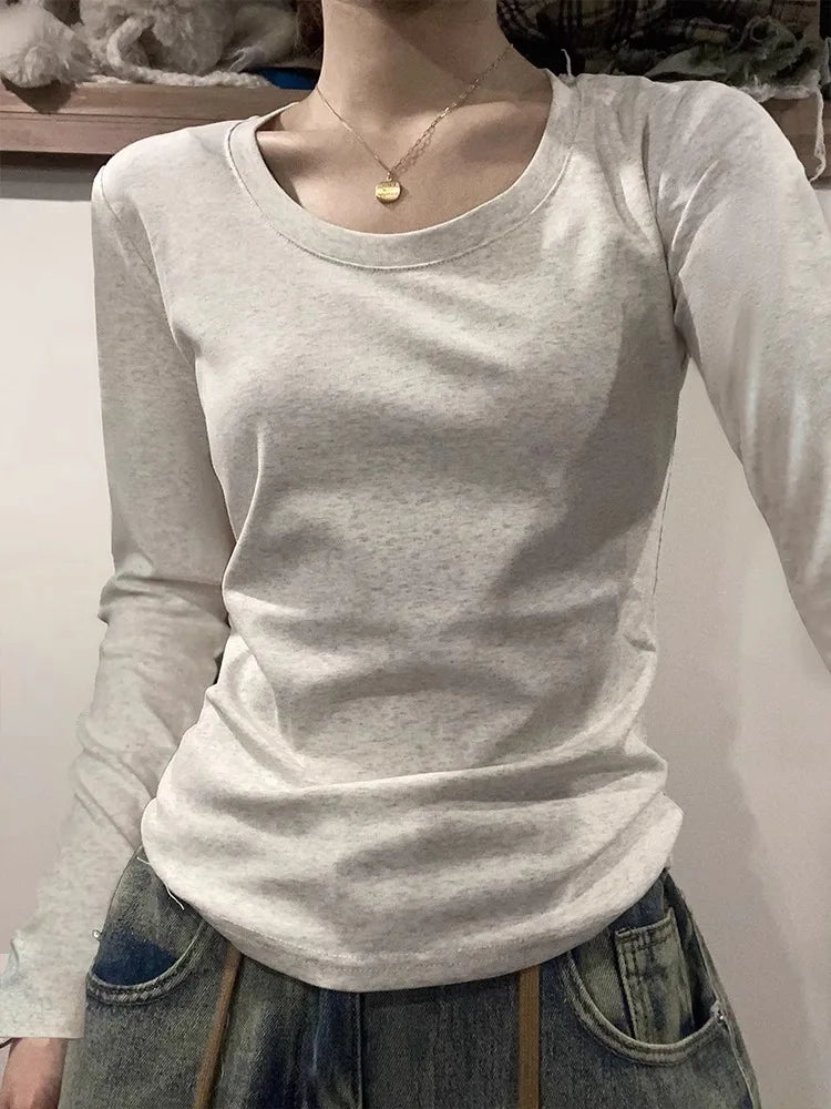 U Neck Long Sleeve T-Shirt Women Autumn Winter New Cotton Slim Casual Top Basic Solid Bottom Shirts Korean