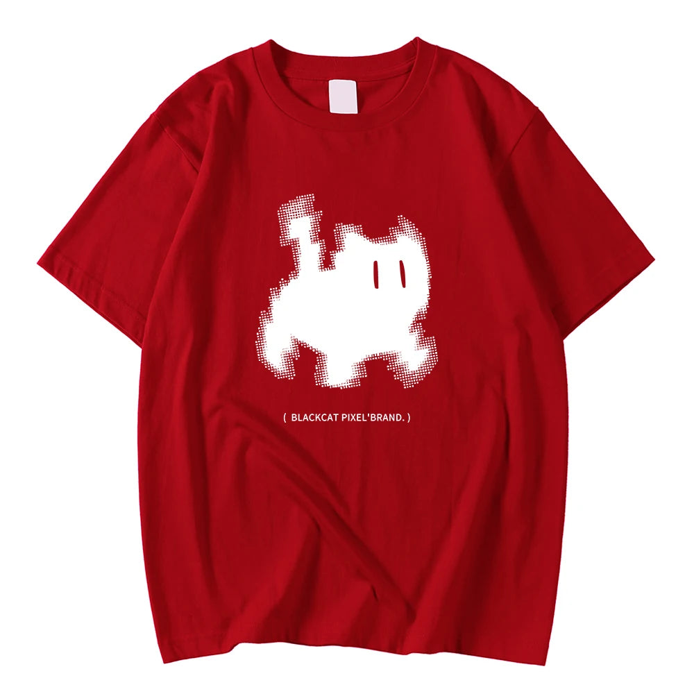 Korean Fashion Womens T-Shirts Black Cat Pixel Cartoons Printing Tops Comfortable Soft O-Neck Loose Short Sleeve Female Clothes