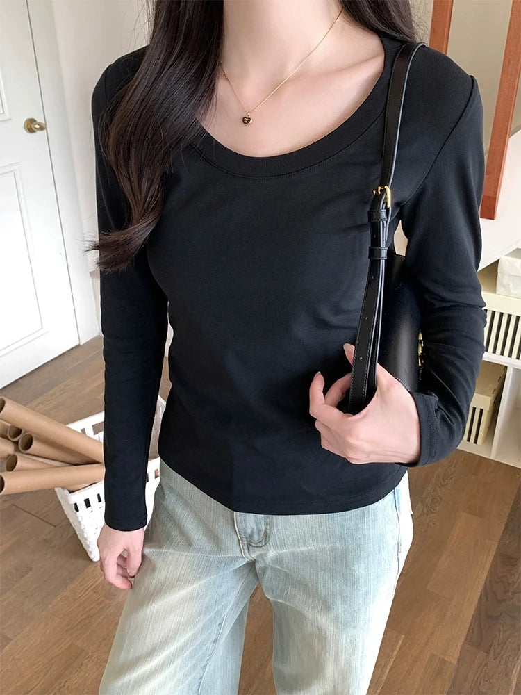 U Neck Long Sleeve T-Shirt Women Autumn Winter New Cotton Slim Casual Top Basic Solid Bottom Shirts Korean