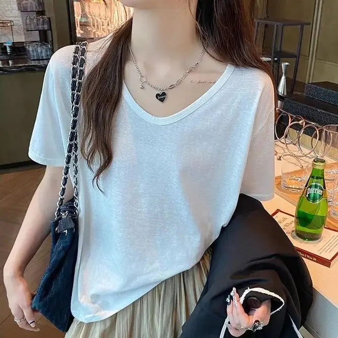 Breathable Soft V-Neck Loose-Fit Short-Sleeved T-Shirt for Women – Basic Layering Top, Versatile