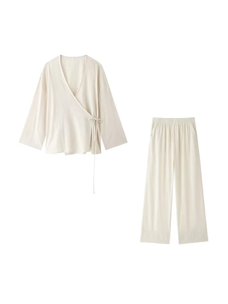Women Fashion With Tied Loose Kimono Blouses And High Elastic Waist Side Pockets Pants Female Two Piece Sets Mujer