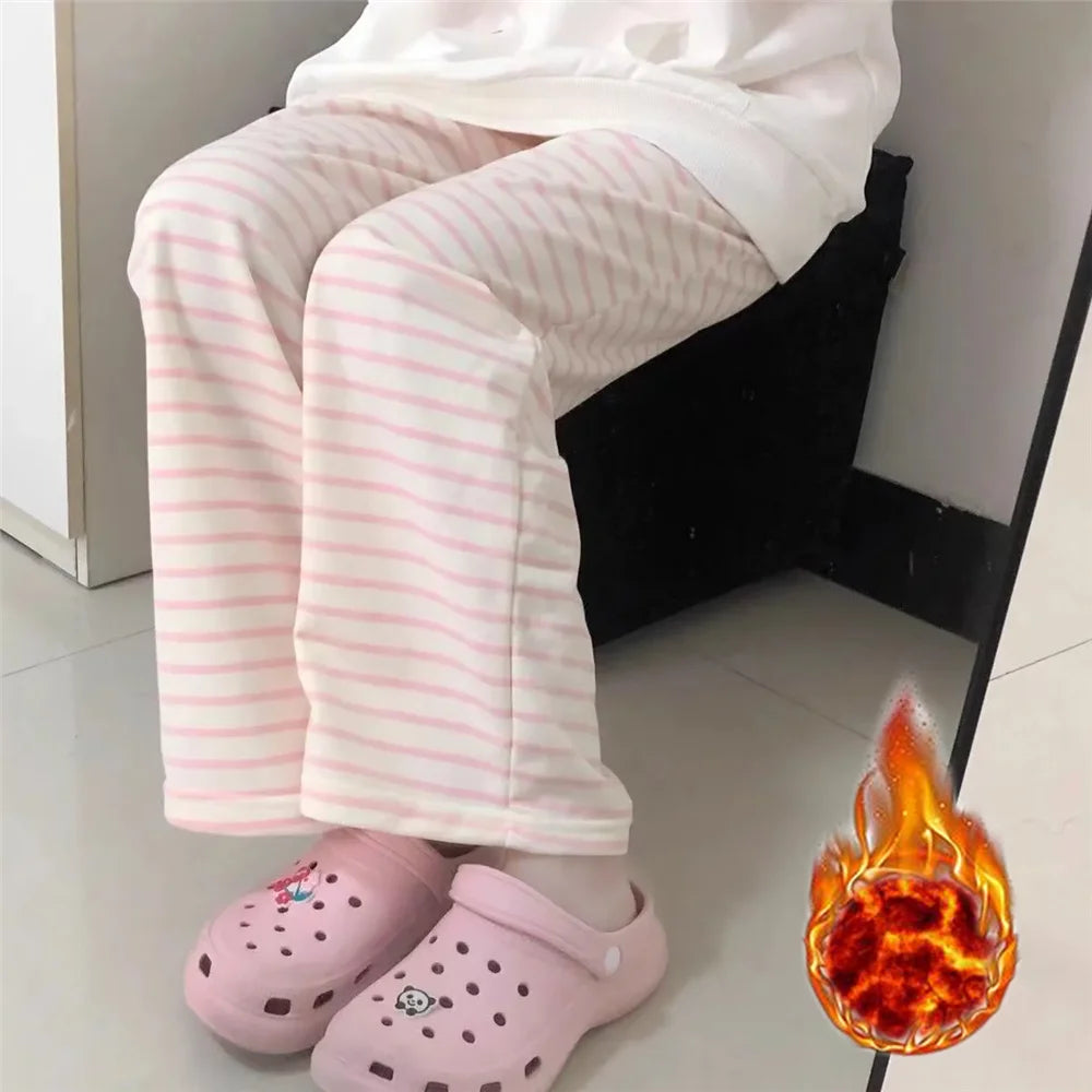 Cute Y2K Striped Pants Women Kawaii Sweet Harajuku Fleece Sports Korean Fashion Sweatpants Girly Basic Cartoon Japanese Trousers