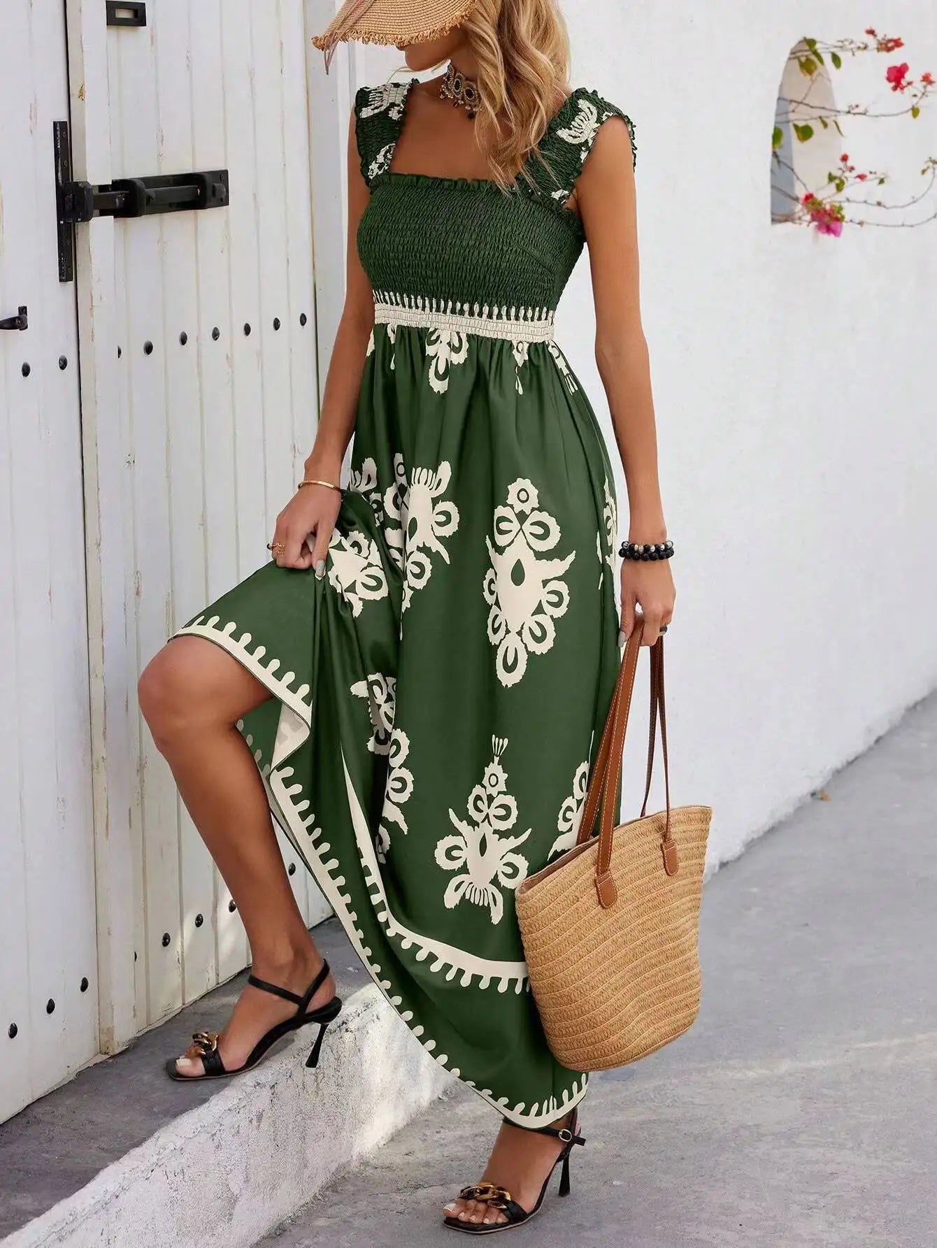 VEITCHE Summer Vacation Style Women Dress Fashionable Printed Sexy Sleeveless Strap Casual Comfortable Beach Long Sundress