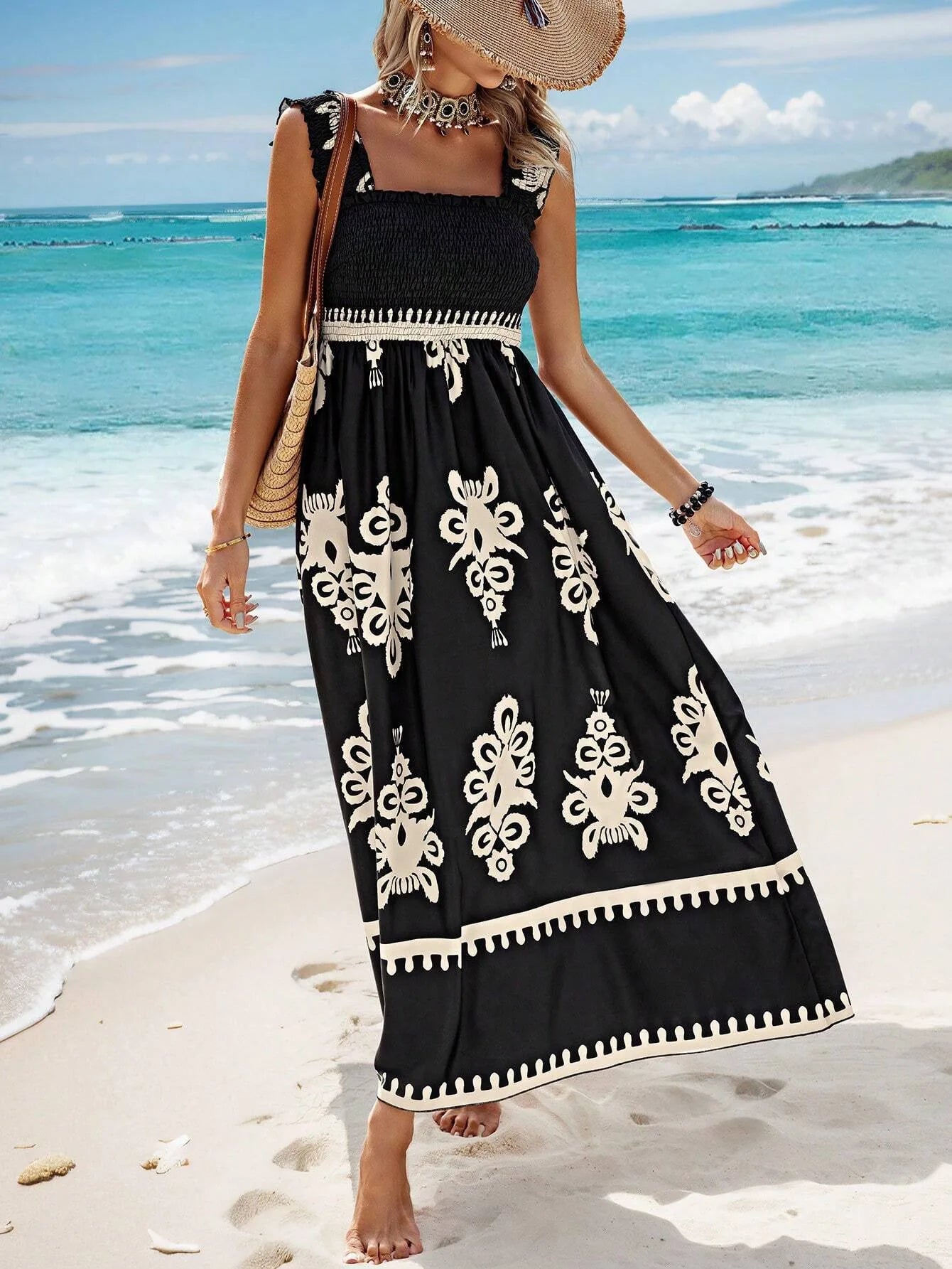 VEITCHE Summer Vacation Style Women Dress Fashionable Printed Sexy Sleeveless Strap Casual Comfortable Beach Long Sundress