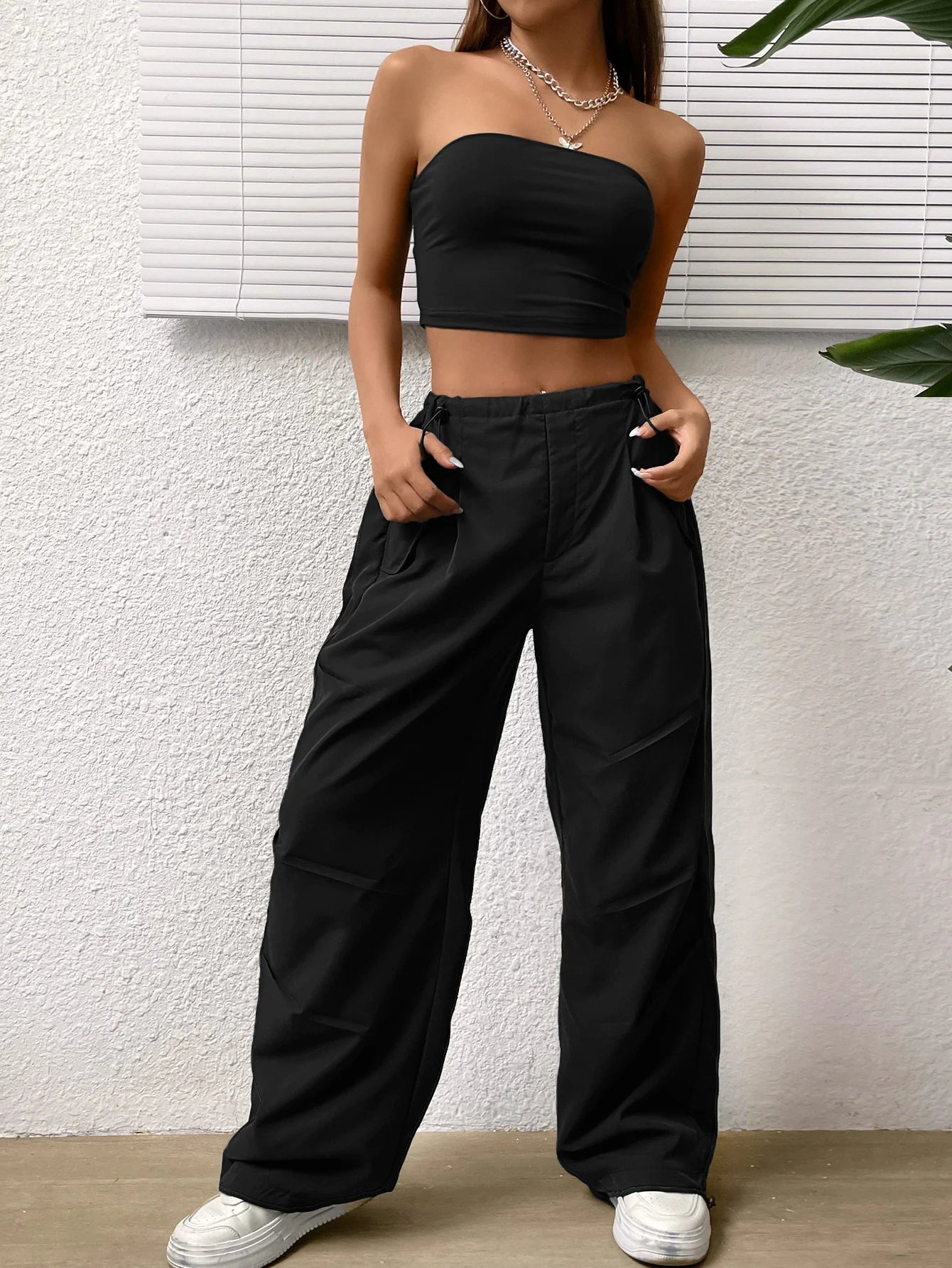 Ladies Sexy Corset And Strapless Top Set with High-Waisted Slimming Wide-Leg Casual Pants Two-Piece Ensemble