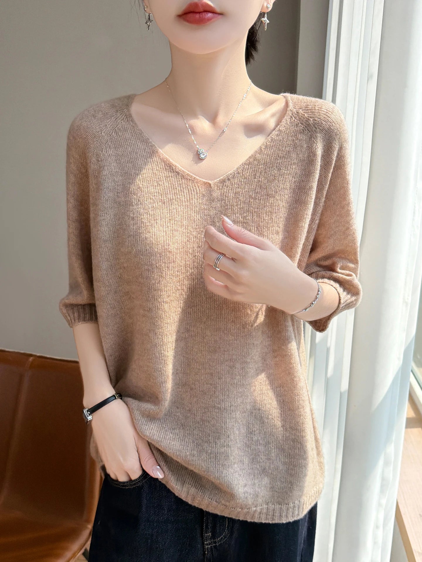 Basic Spring Summer Women's T-Shirts Wool Blend Female Knitwear Loose Pullover Cozy Blouse Half Sleeve Clothing Plus Size Tops
