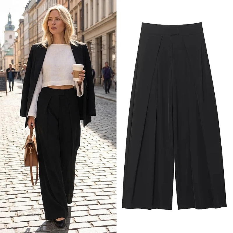 Willshela Women Fashion Black Front Zipper Pleated Wide Leg Pants Vintage Mid Waist Full Length Female Chic Lady Trousers