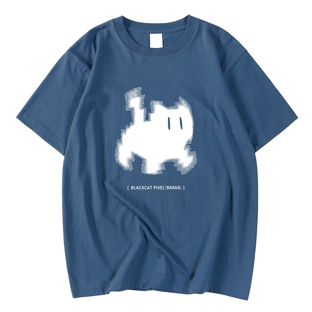 Korean Fashion Womens T-Shirts Black Cat Pixel Cartoons Printing Tops Comfortable Soft O-Neck Loose Short Sleeve Female Clothes