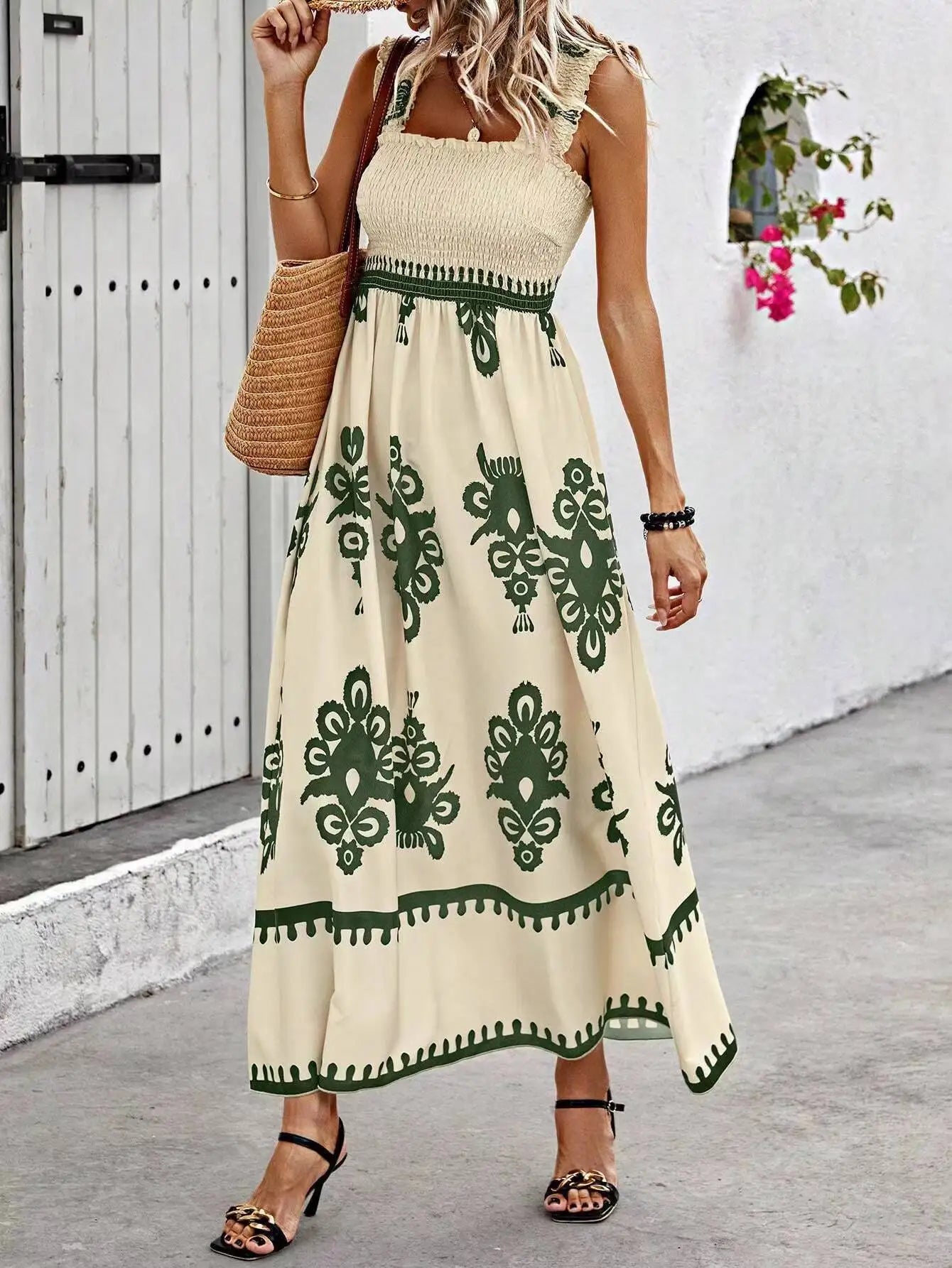 VEITCHE Summer Vacation Style Women Dress Fashionable Printed Sexy Sleeveless Strap Casual Comfortable Beach Long Sundress