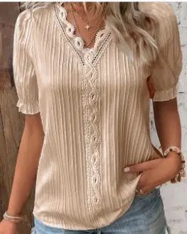 Elegant Women Blouse Shirt V Neck Lace Patchwork Short Sleeve Shirts For Women Summer Lady Tops White