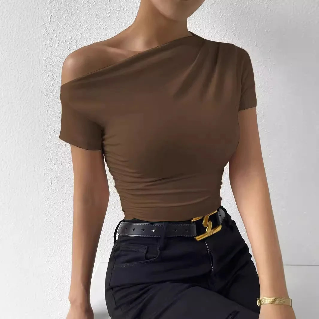 2026 New Women's Off-Shoulder Pleated Top Summer Y2K Sexy Crew Neck Short Sleeve Fashionable Elegant Slim-Fit Top