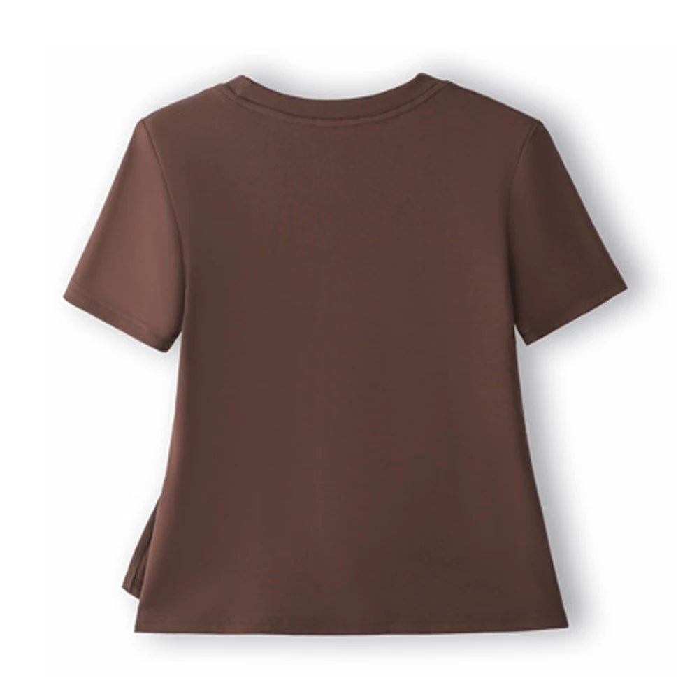 Wine red short sleeved T-shirt for women's summer new high-end cotton fashion plus size irregular round neck casual top