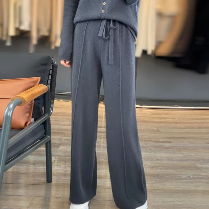 New Women Autumn Winter Wide-Leg Pants 100% Merino Wool High Waist Trousers High Quality Soft Casual Straight Leg Slacks Popular