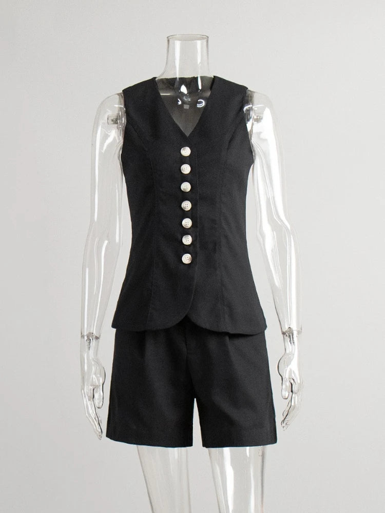 2025 Summer Fashion Two-piece Set Casual Cotton Linen Vest Shorts Set Women Single Breasted V-neck Tops High Waist Short Pants