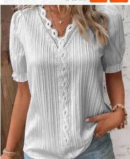 Elegant Women Blouse Shirt V Neck Lace Patchwork Short Sleeve Shirts For Women Summer Lady Tops White